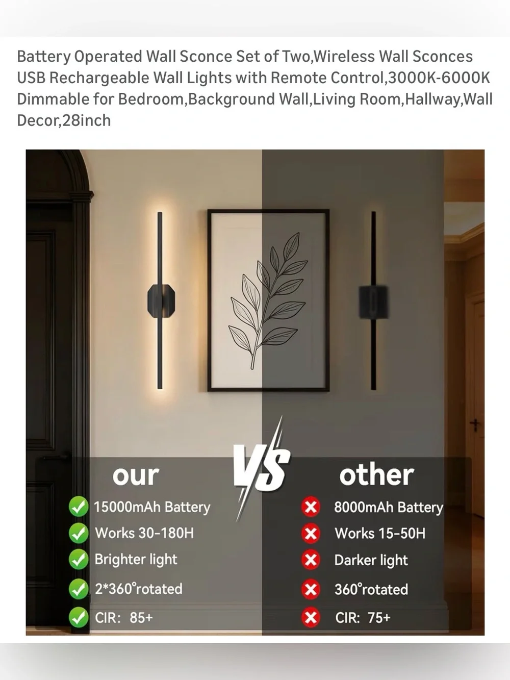 2 pack Black LED Wall Sconce - Rechargeable Modern Wall Light